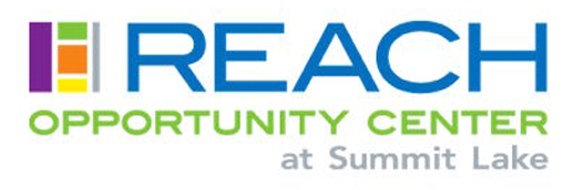 Logo for REACH Opportunity Center at Summit Lake, featuring a multicolored square icon and text in blue, green, and gray.