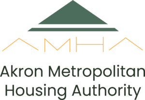 Akron Metropolitan Housing Authority logo with a green stylized roof above the acronym "AMHA" in orange lines and the full name in black text below.
