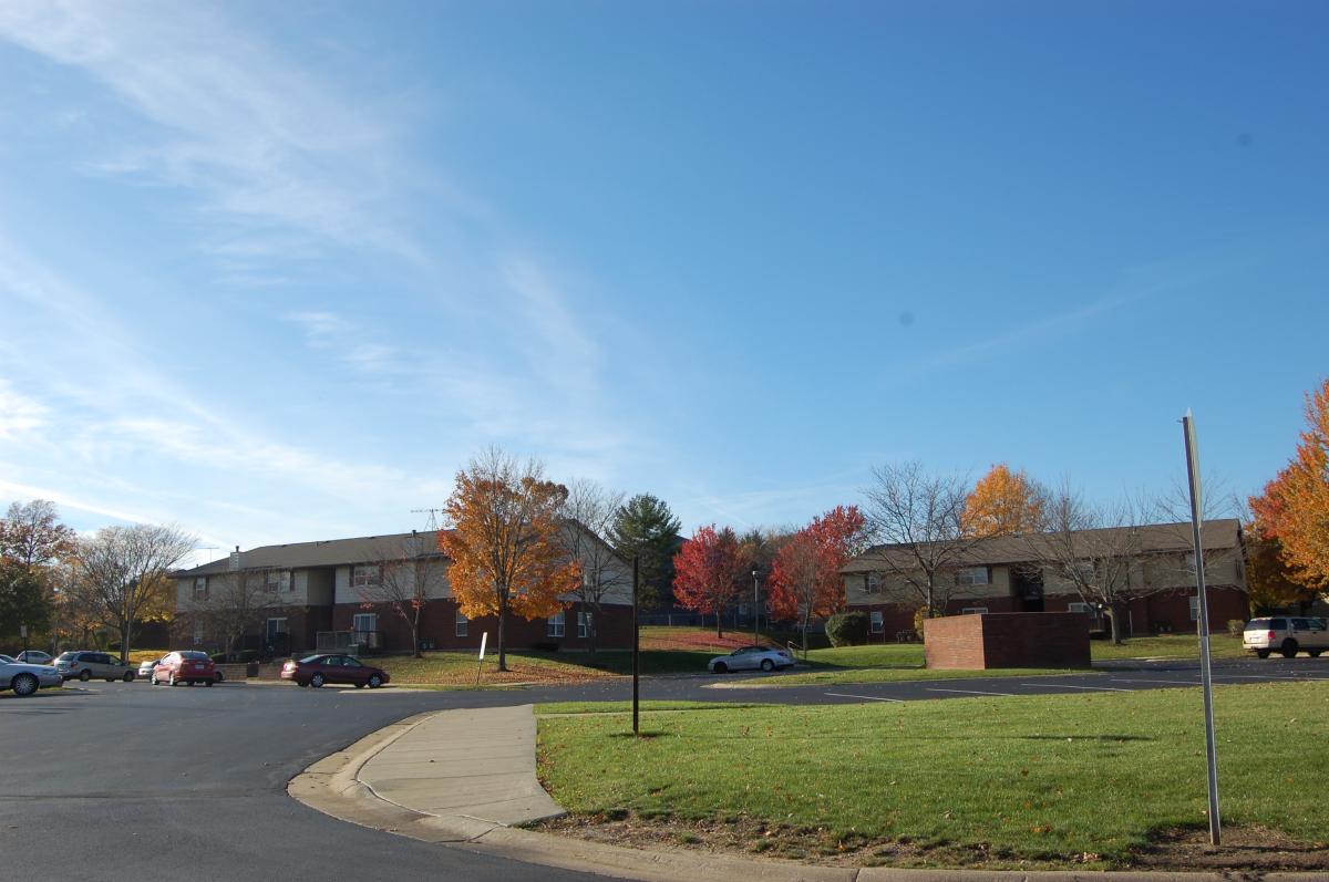 Apartment buildings with autumn trees and parked cars lining a quiet residential street under a clear blue sky.