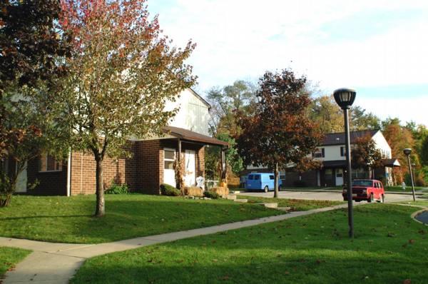 Residential neighborhood with brick and siding houses, green lawns, sidewalks, trees with autumn leaves, a blue van, and a red car parked on the street.